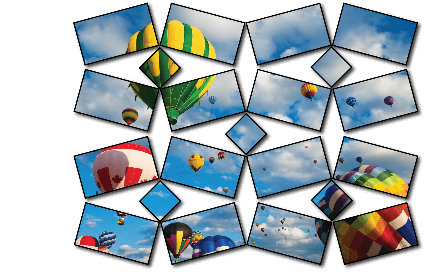 An asymmetric video wall: screens at different angles and sizes playing one image across all of them.