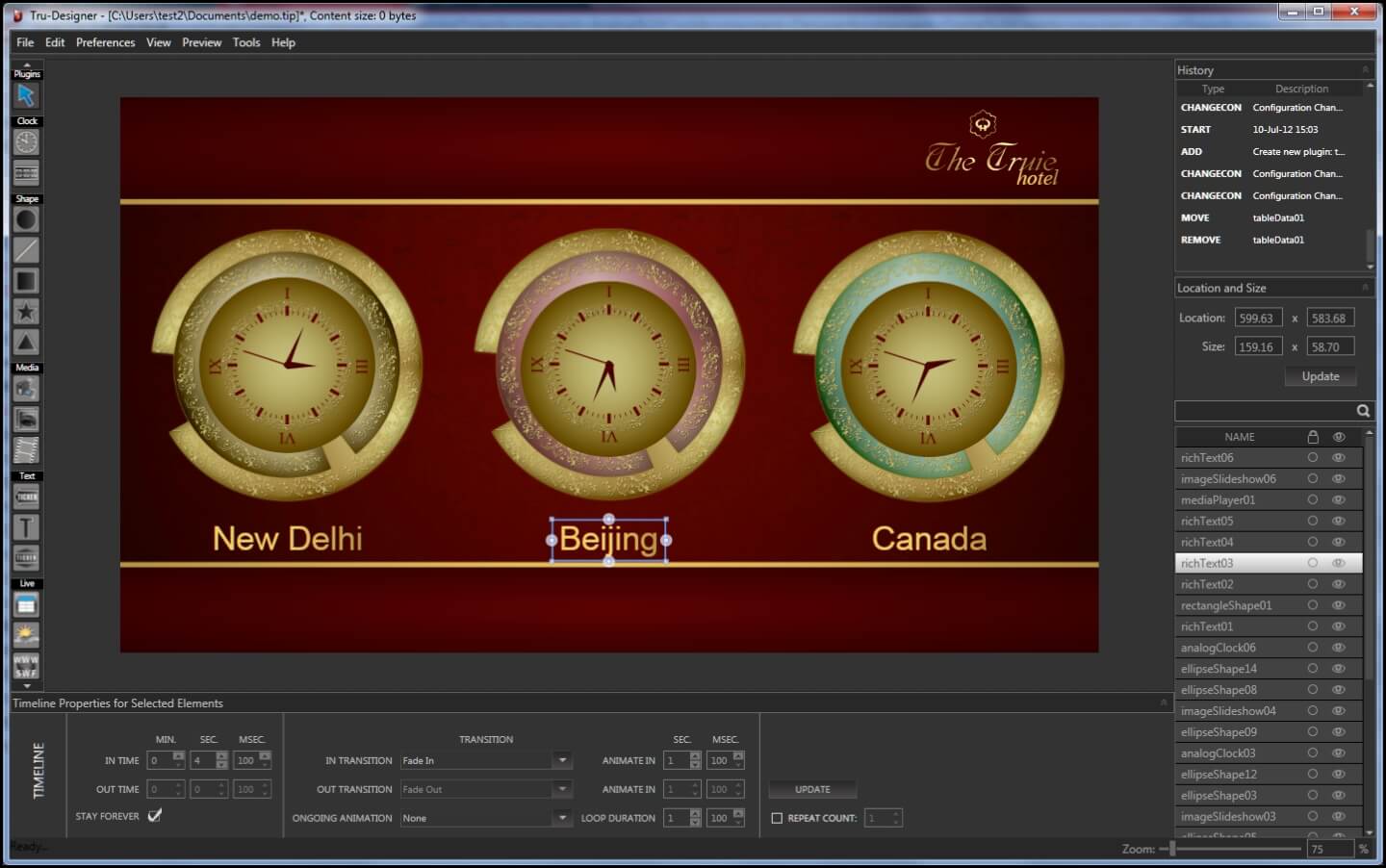 The Tru-Designer interface: a screen layout in progress, with the plug-in rail, the element list and the timeline controlling when each item appears.